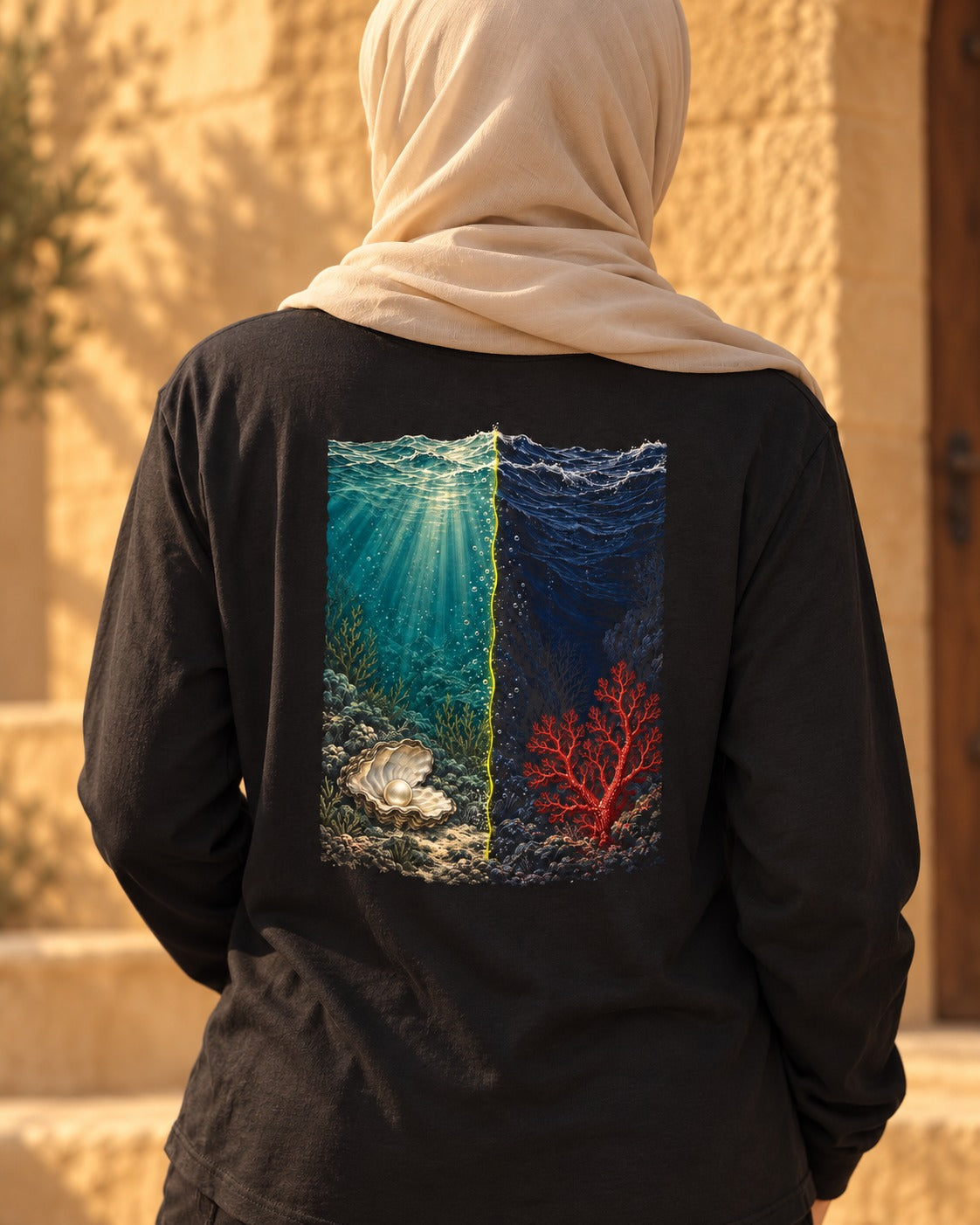 Two Seas 55:19–22 Ayat Tee Long Sleeve Black worn hero