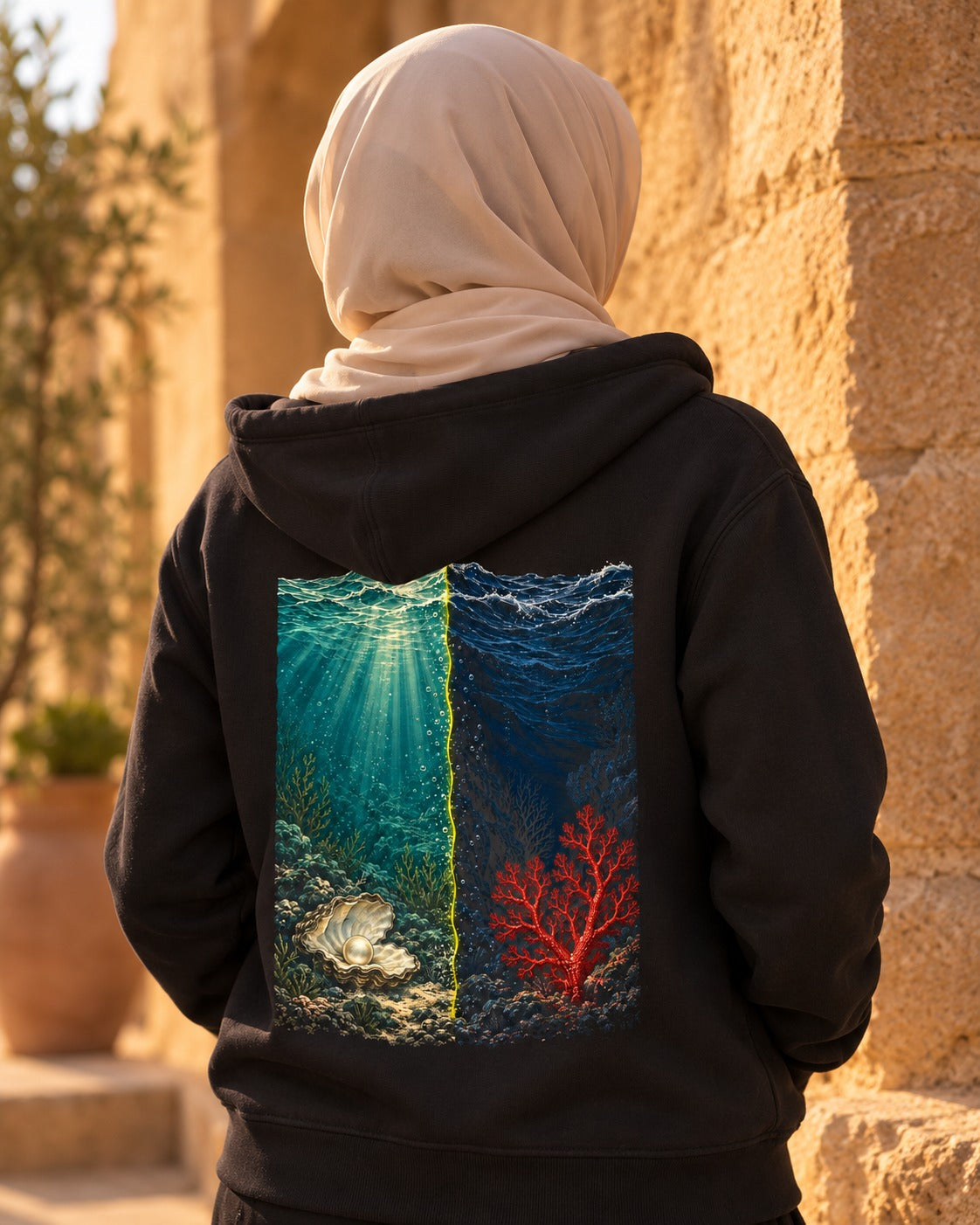 Two Seas 55:19–22 Ayat Tee Zip Hoodie Black worn hero